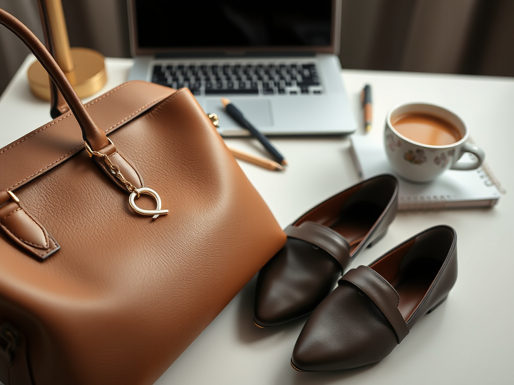 A stylish brown handbag, brown shoes, a cup of coffee, and a laptop on a modern desk.