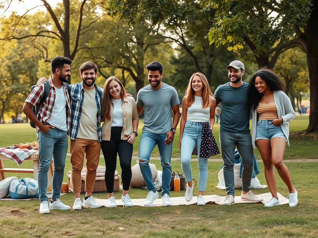 A diverse group of friends stands together outdoors, smiling joyfully in a sunny park setting.