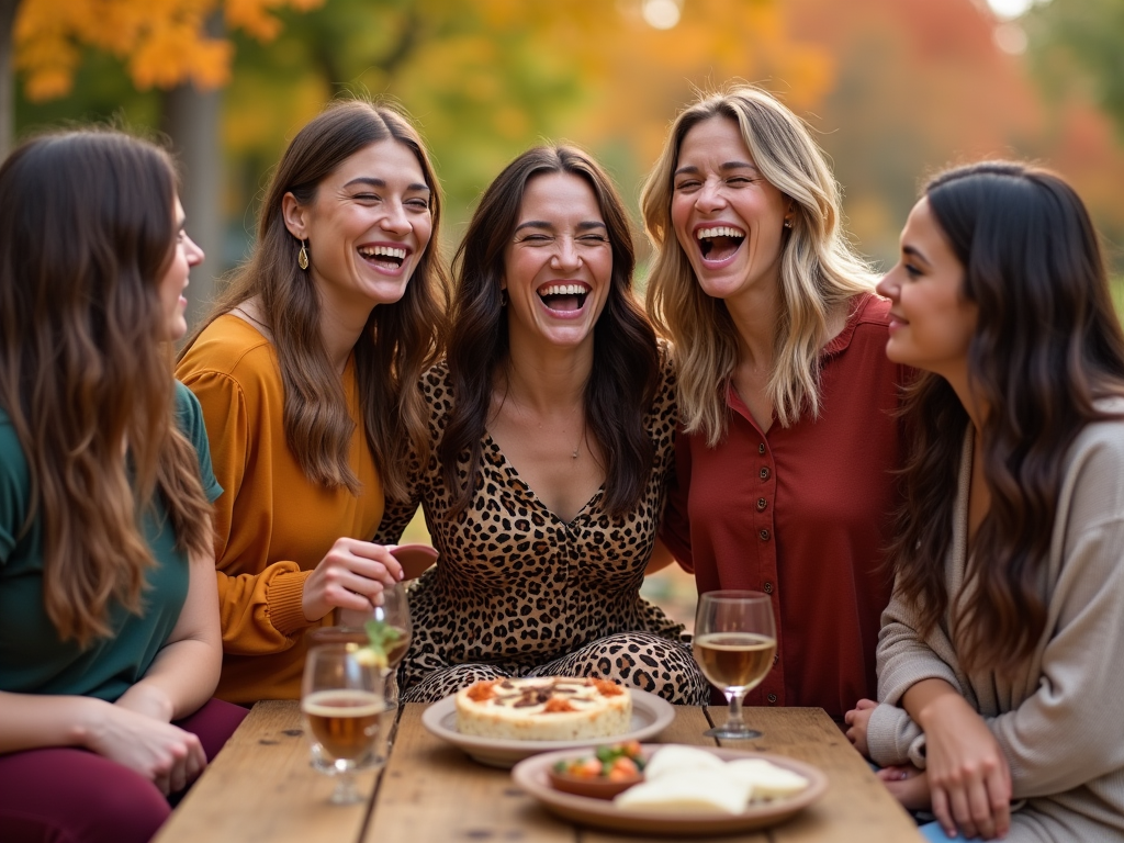 Group of five women laughing together at a table with food and drinks during autumn.