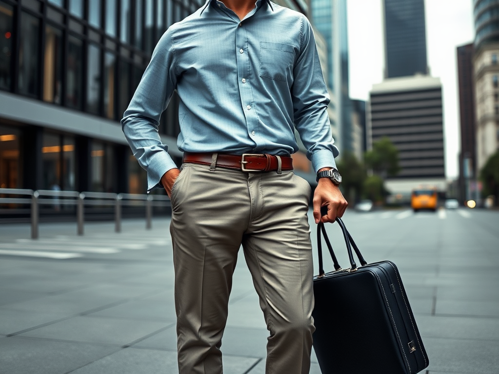 A person in a light blue shirt and beige pants stands confidently on a city street, holding a black briefcase.