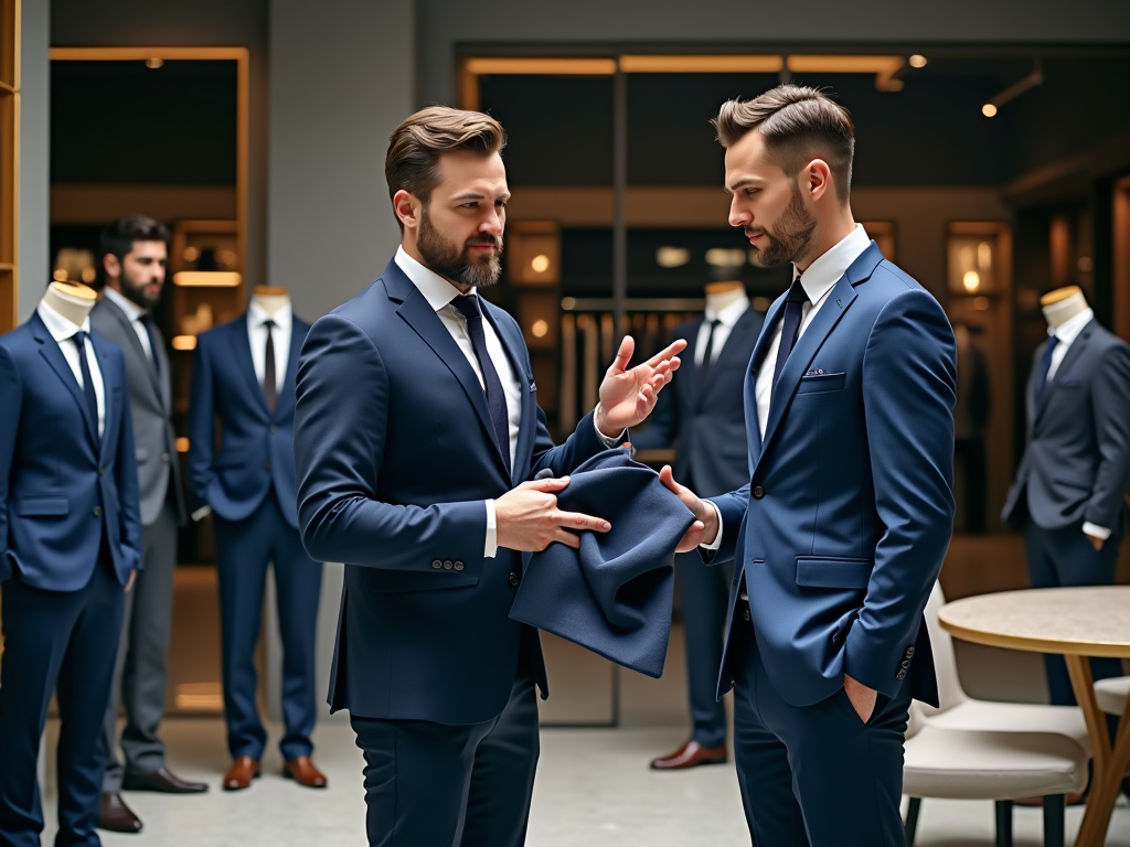 Two businessmen in suits conversing in a suit shop with mannequins in the background.