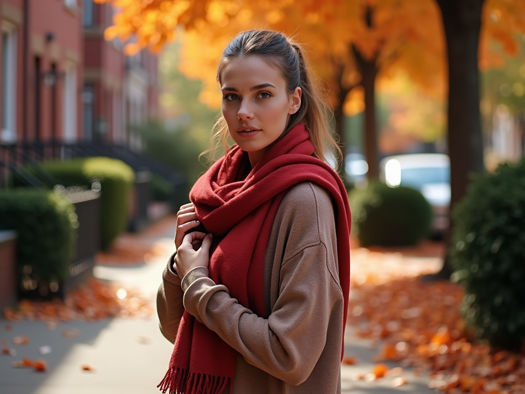 Woman in a scarf holding her coat on an autumn day, colorful trees in the background.