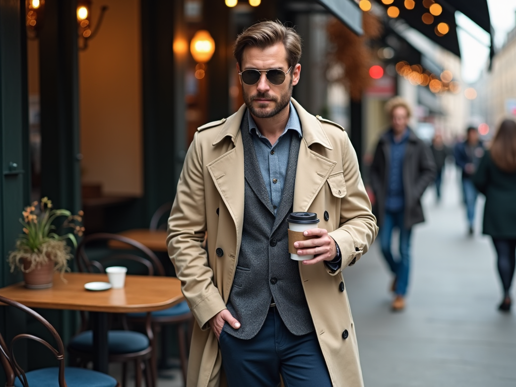 Man in sunglasses and trench coat holding a coffee cup, walking in a city street.