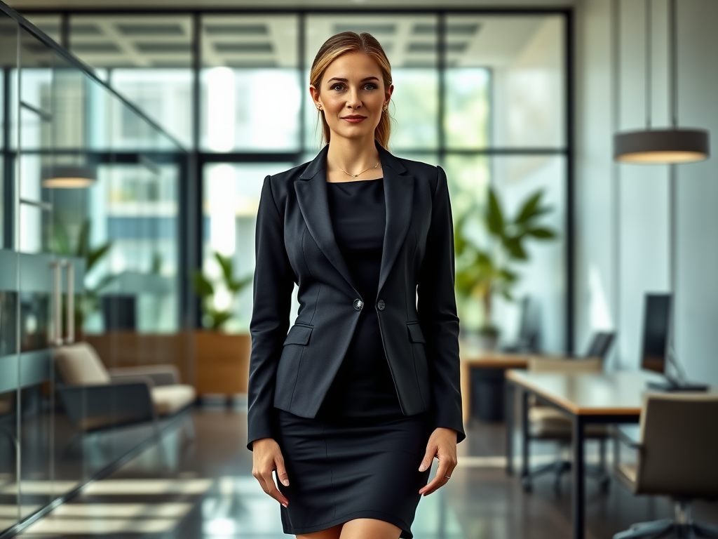 A confident woman in a fitted black suit stands in a modern office, showcasing a professional atmosphere.