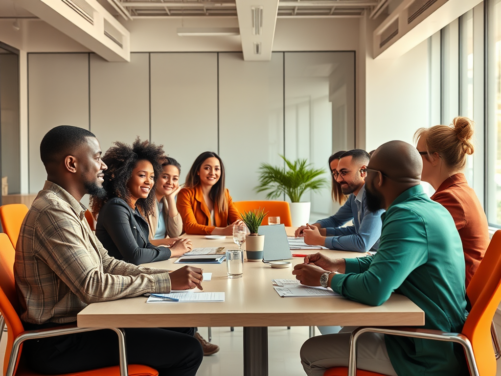 A diverse group of professionals engaged in a meeting around a conference table, smiling and discussing ideas.