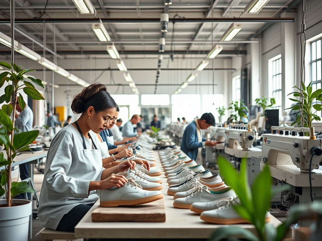 Workers in a shoe factory are focused on assembling footwear, surrounded by sewing machines and greenery.