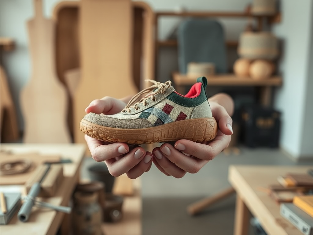 A pair of hands holding a stylish sneaker in a workshop with wooden tools and furniture in the background.