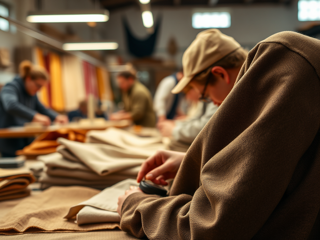 A workshop scene where people work with fabrics, focusing on cutting and organizing materials at tables.