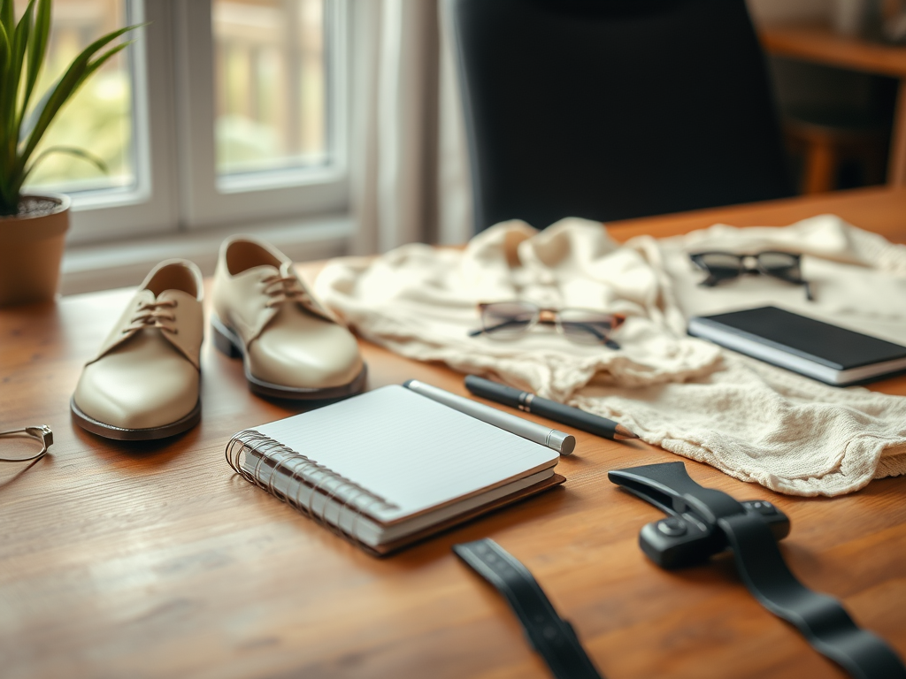 A stylish workspace featuring shoes, notepad, pen, glasses, a sweater, and tech accessories on a wooden table.