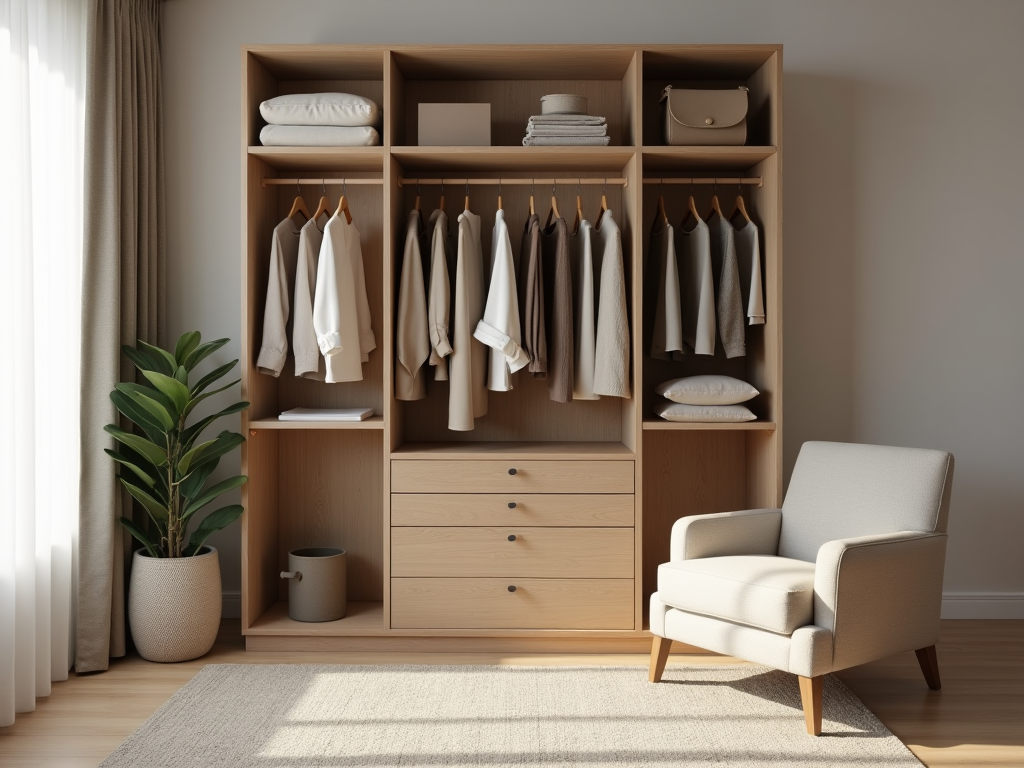 Moderately lit room with an organized wooden wardrobe, neutral toned clothes, and an armchair.