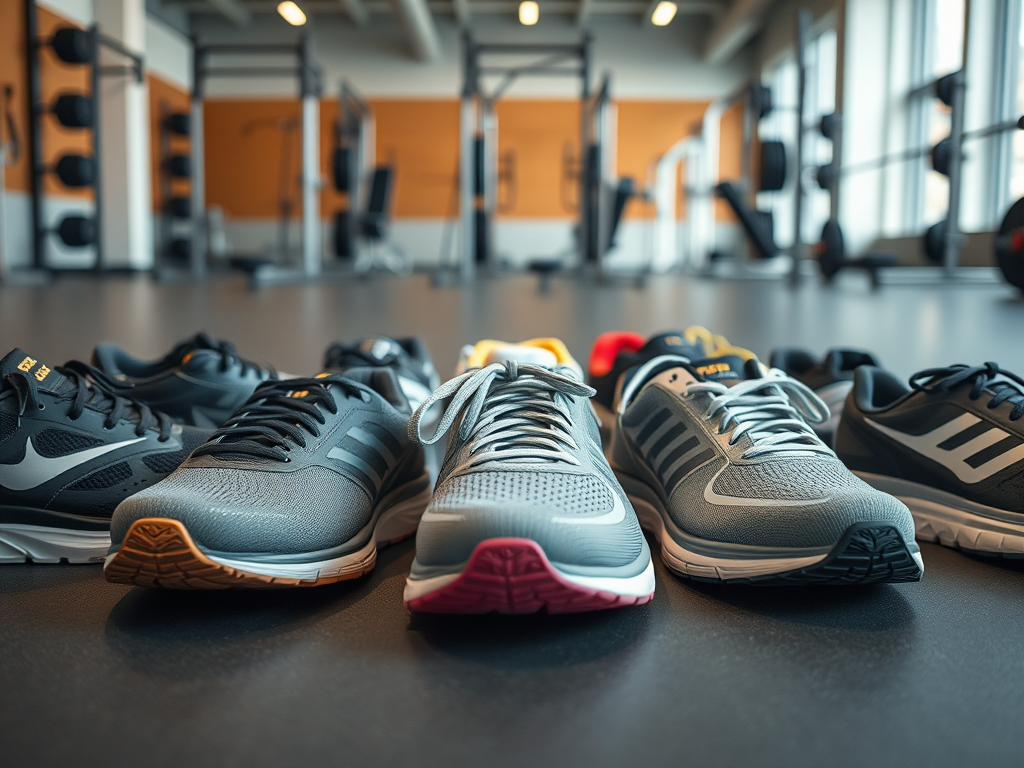 A variety of athletic shoes lined up on a gym floor, with a fitness area visible in the background.