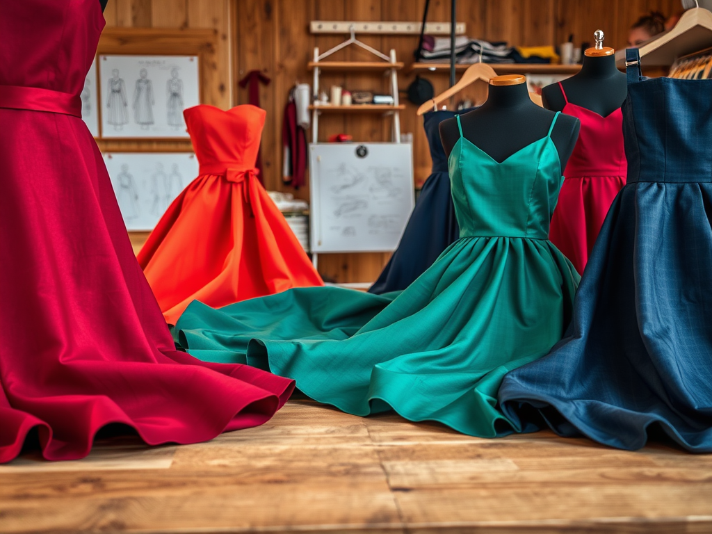 A variety of colorful dresses displayed on mannequins in a design studio, showcasing vibrant fabric and styles.