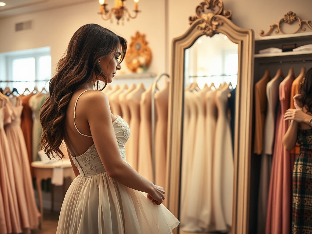A woman tries on a backless dress while admiring herself in a mirror surrounded by colorful dresses in a boutique.