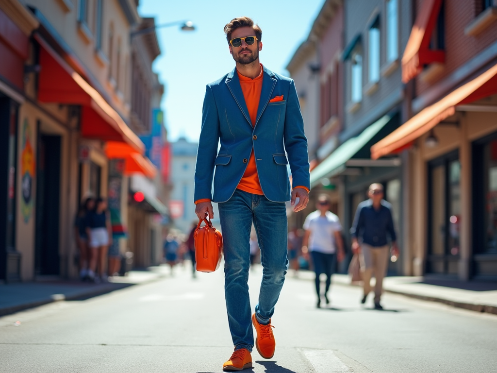 Stylish man in blue blazer and orange accessories walks confidently on a sunny city street.