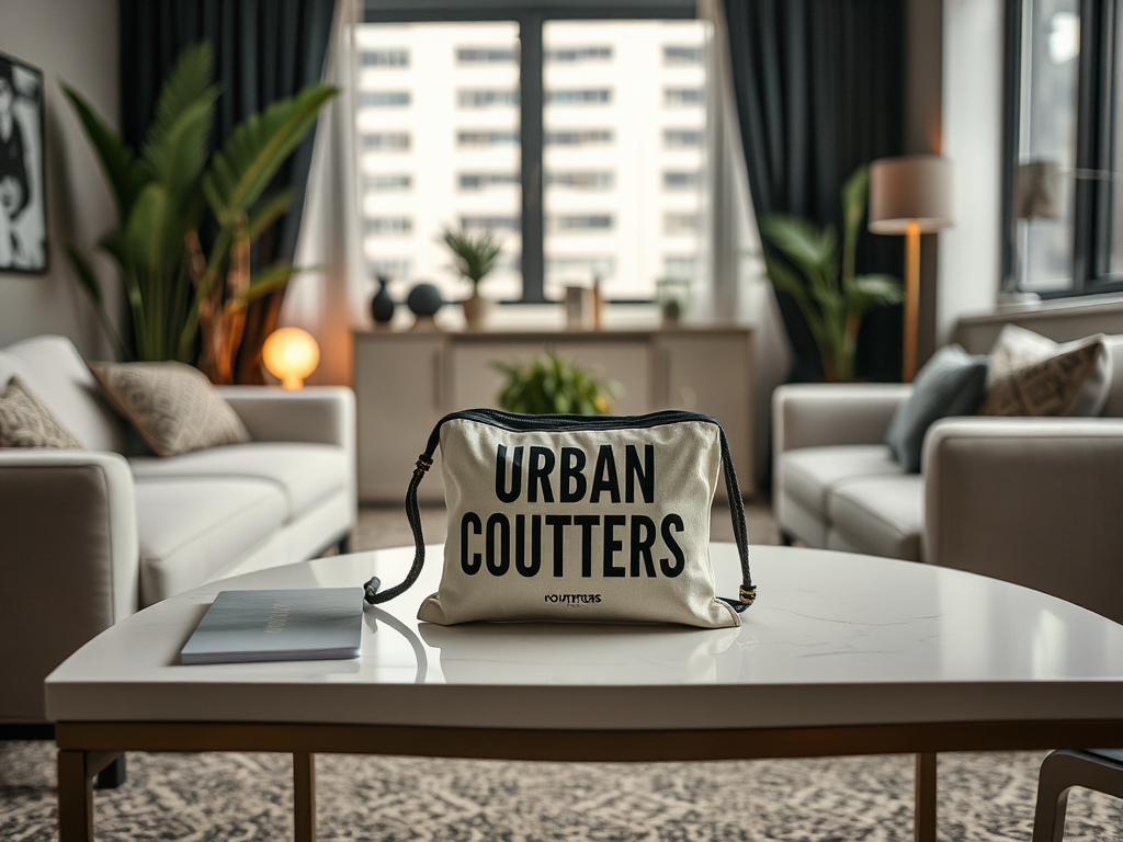 A stylish bag labeled "URBAN COUTTERS" on a coffee table in a modern living room with plants and cozy furniture.