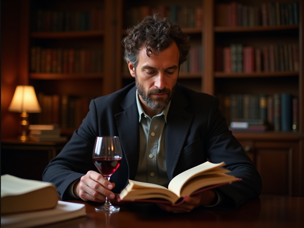 Man reading a book with a glass of red wine in a library.