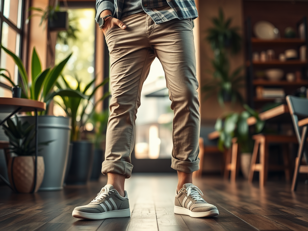 A person stands casually in a stylish indoor space, wearing beige pants and gray sneakers, with hands in pockets.