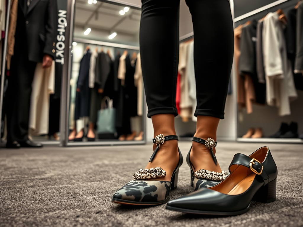 A close-up of two stylish high-heeled shoes on display in a clothing store, with a clothing rack in the background.