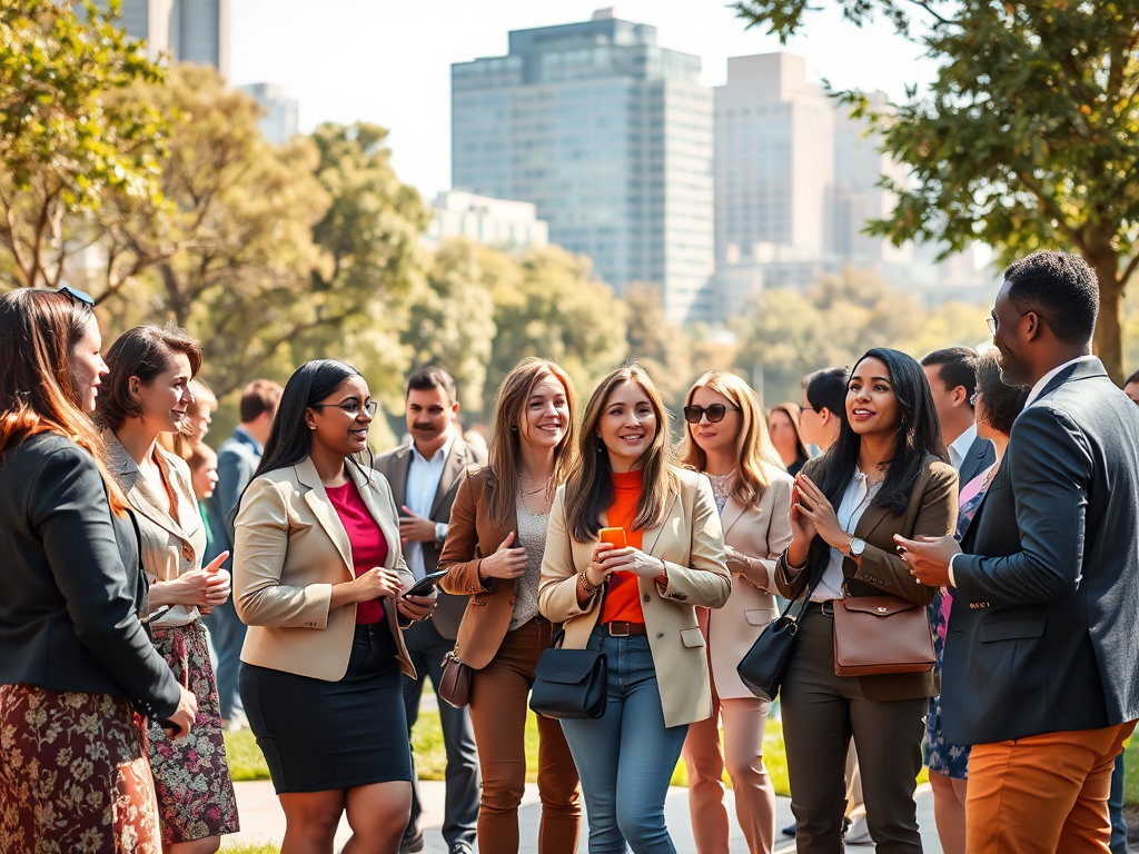 A diverse group of professionals in business attire engages happily outdoors, with city buildings in the background.