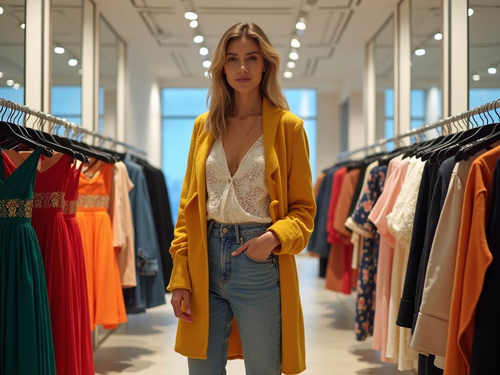 Young woman in a yellow cardigan and jeans standing in a clothing store.