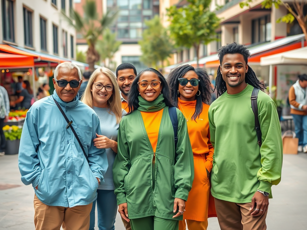 A diverse group of six people smiling together in trendy outfits, standing in a vibrant outdoor market setting.