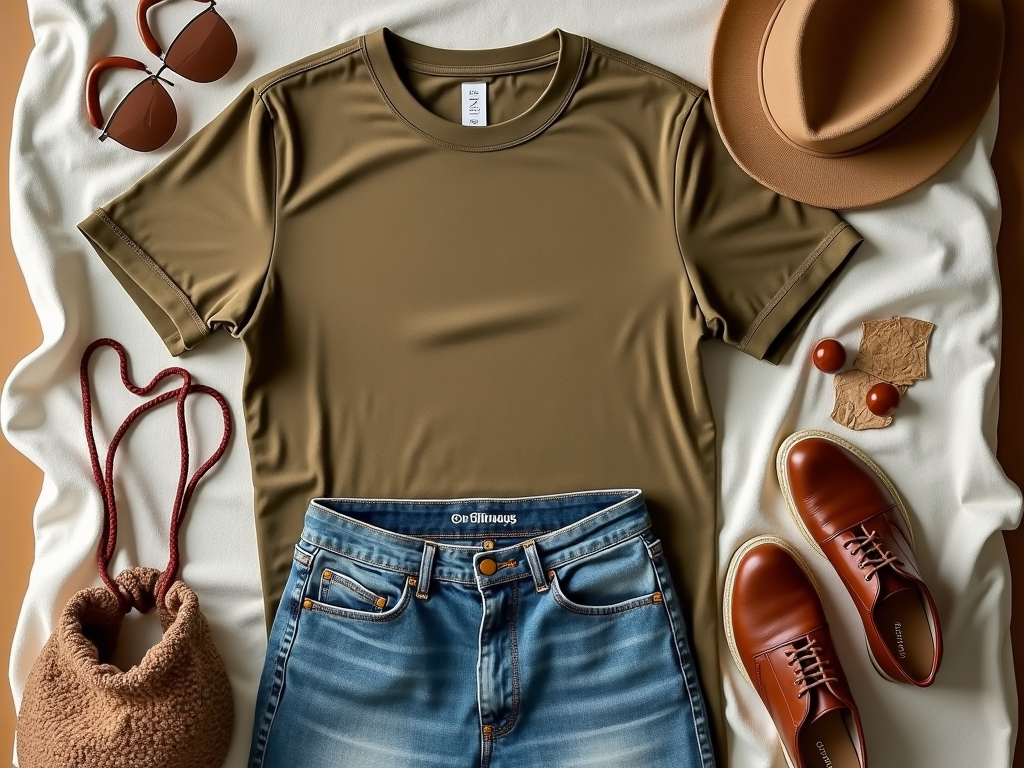 Flat lay of a trendy outfit featuring a green T-shirt, blue jeans, brown shoes, a hat, sunglasses, and accessories.