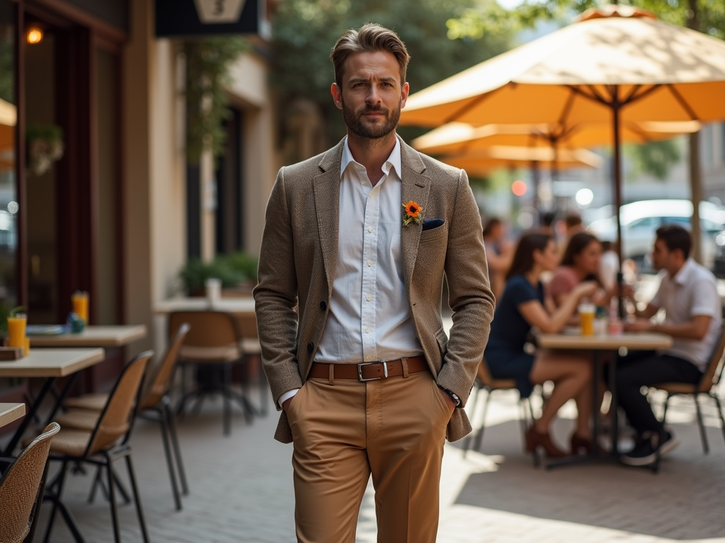 Stylish man in beige jacket and tan pants standing in an outdoor café setting.