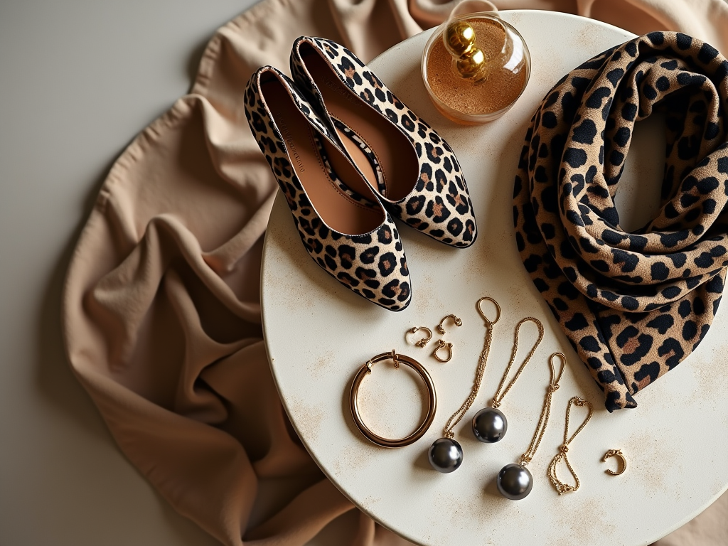 Leopard print heels and scarf with gold jewelry on a cream table.