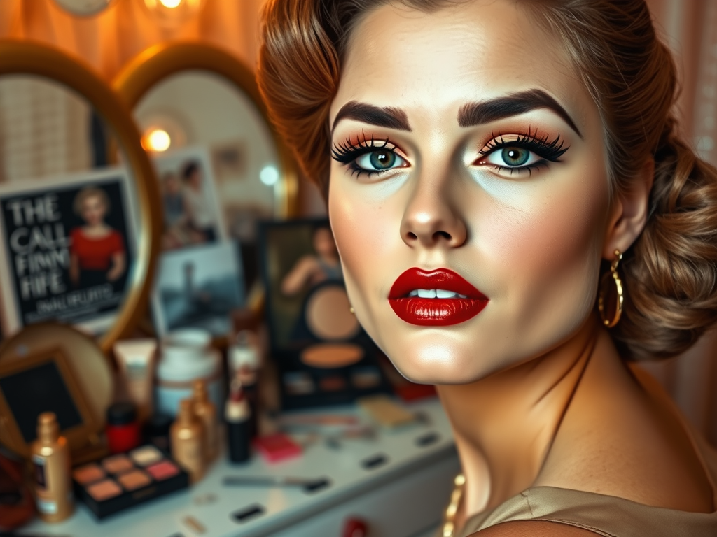 A close-up of a woman with glamorous makeup, red lips, and elegant earrings, surrounded by beauty products and mirrors.