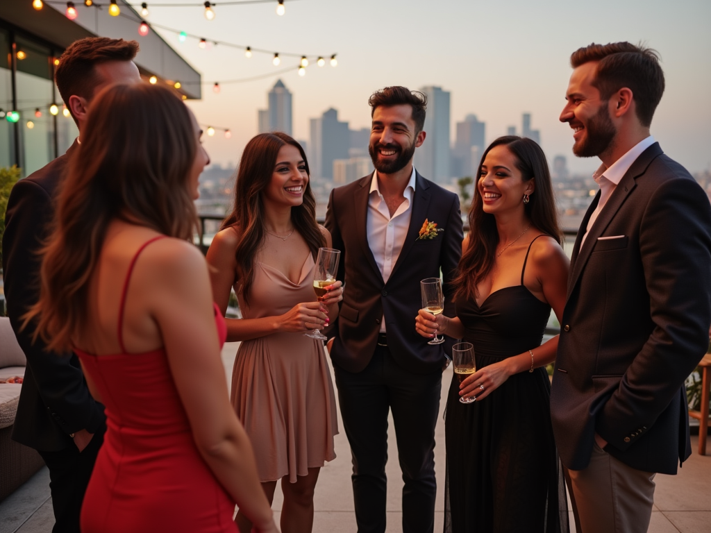 Group of friends enjoying an evening party on a rooftop with city skyline in the background.