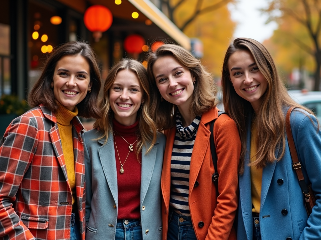 Four women smiling in autumn attire, standing in front of a café with festive lights.