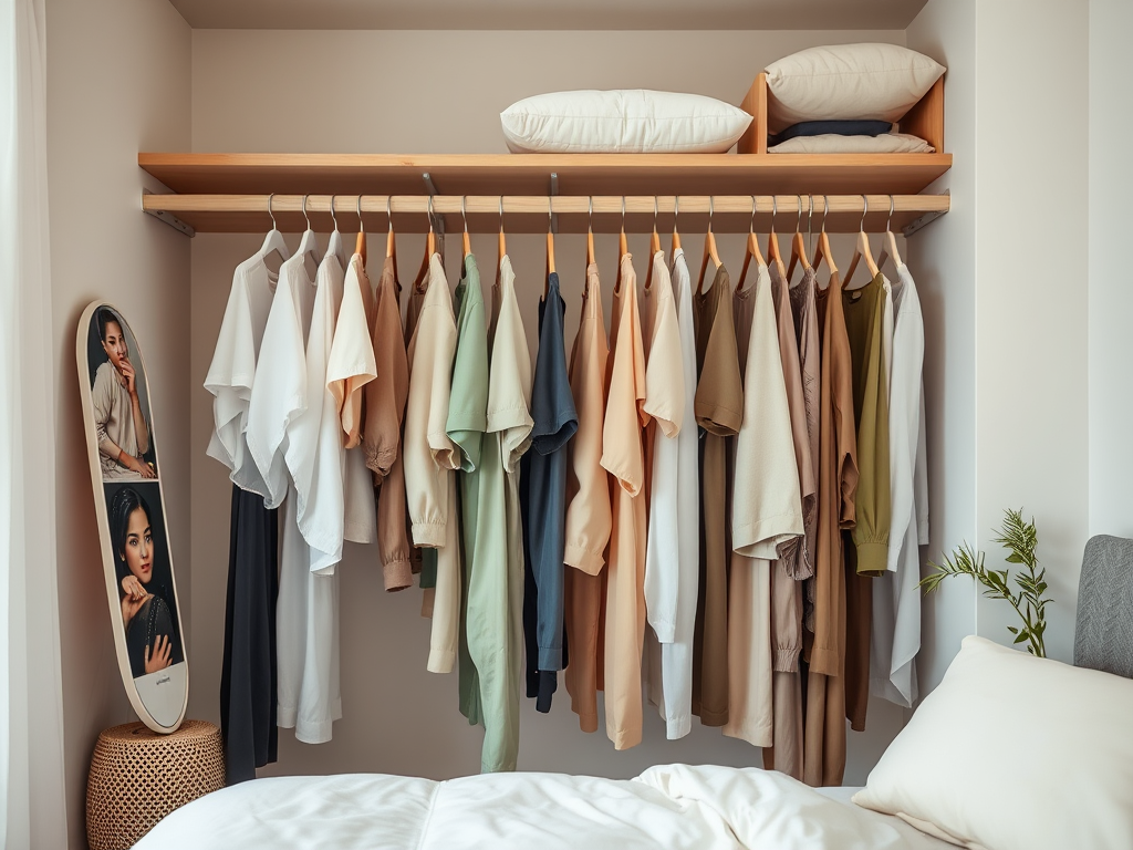 A neatly organized closet with colorful shirts hanging, pillows above, and a decorative stand with a portrait.