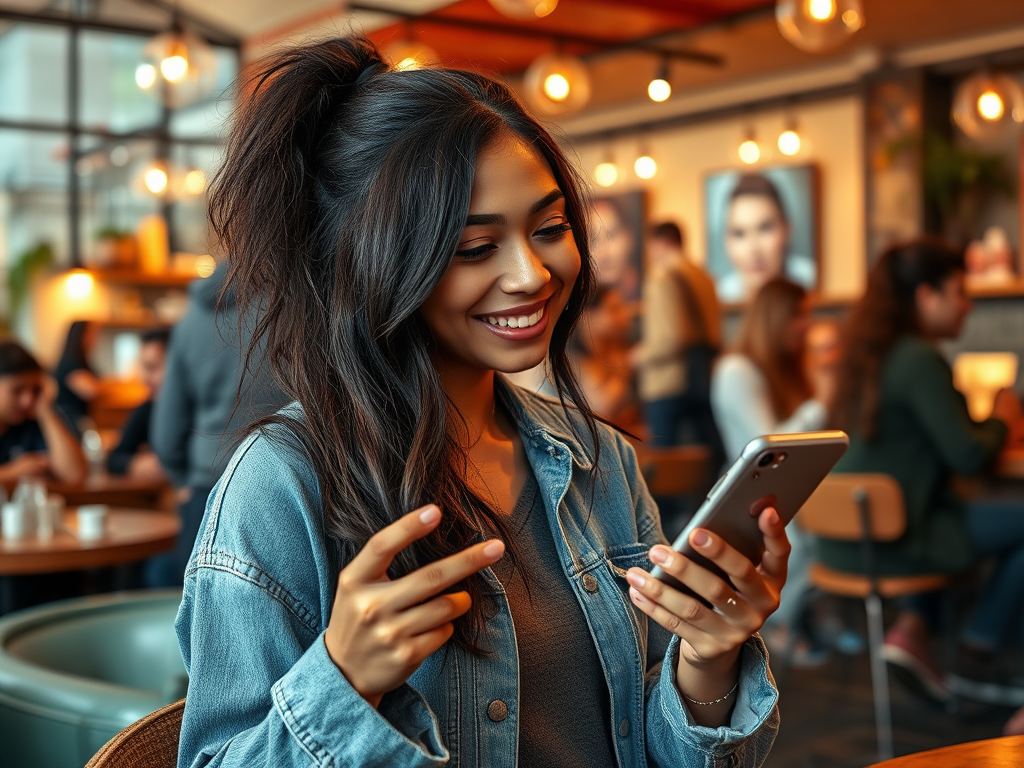 A young woman with long hair smiles while using her phone in a cozy café filled with people.