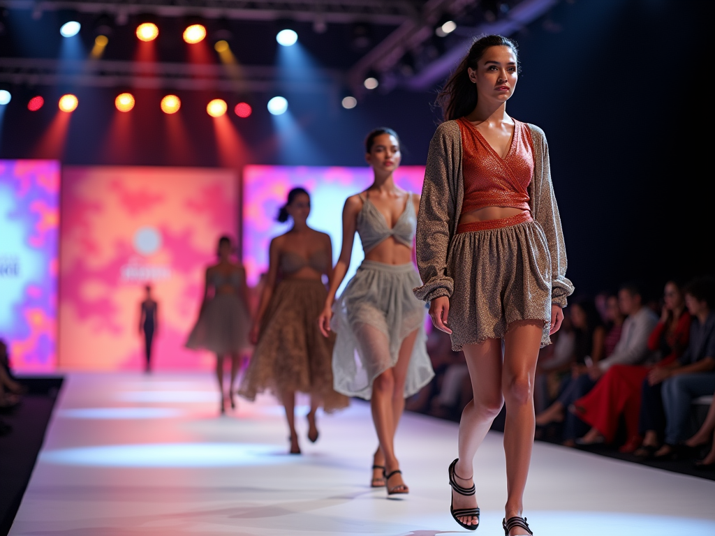 Fashion models walking on runway in stylish outfits under colorful stage lights.