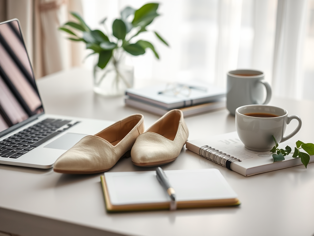 A cozy workspace with a laptop, shoes, notebooks, coffee, and a plant on a table by a window.