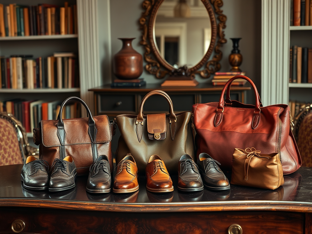 A collection of stylish leather bags and shoes displayed on a wooden table in a cozy library setting.