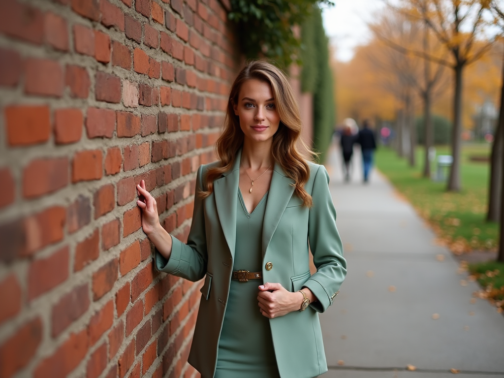 Woman in teal blazer touching a brick wall in a park with autumn trees.