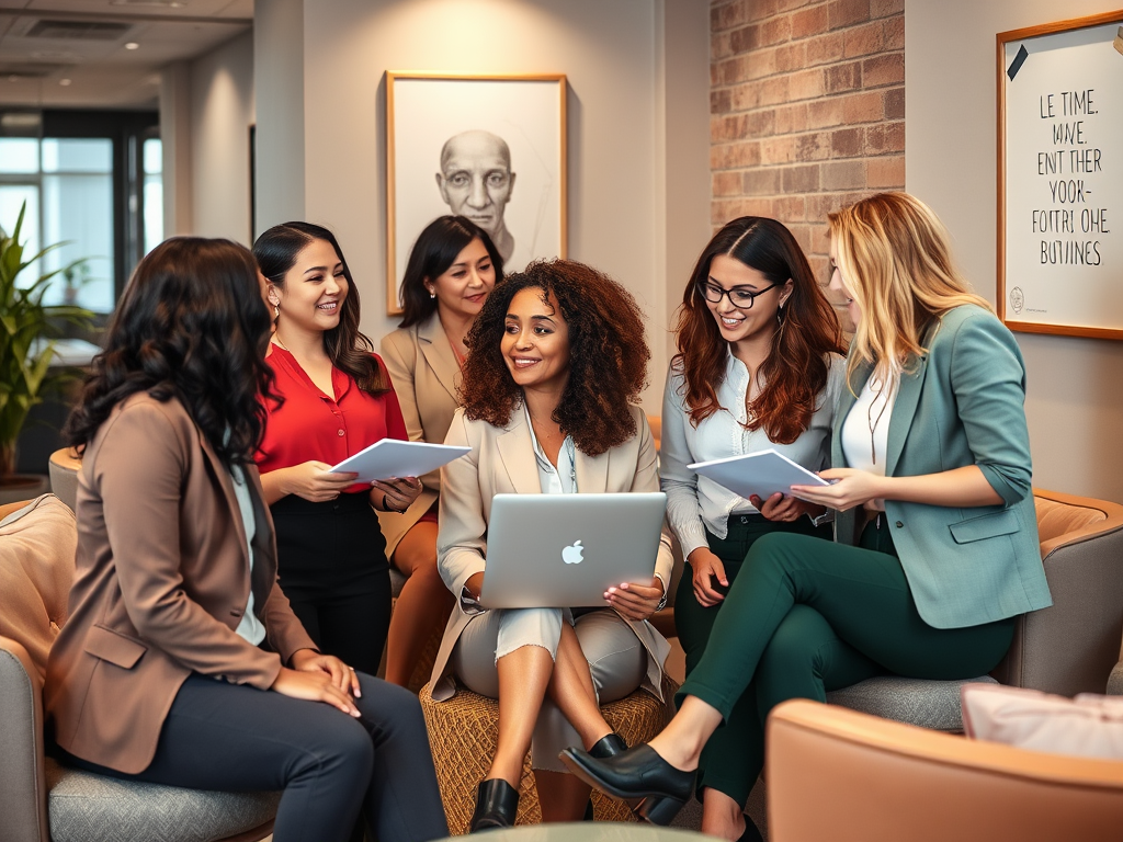 A diverse group of six women engaged in a collaborative discussion with laptops and tablets in a modern office setting.